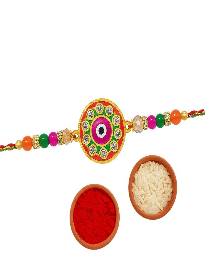 Sage Square Rakhi for Brother, Bhai with Roli Chawal | Raksha Bandhan | Designer Beads, Stones, Decorative Work | Stylish Handcrafted Rakhi Gifting for Sibling Festival Celebration (Type 28) - Image 1