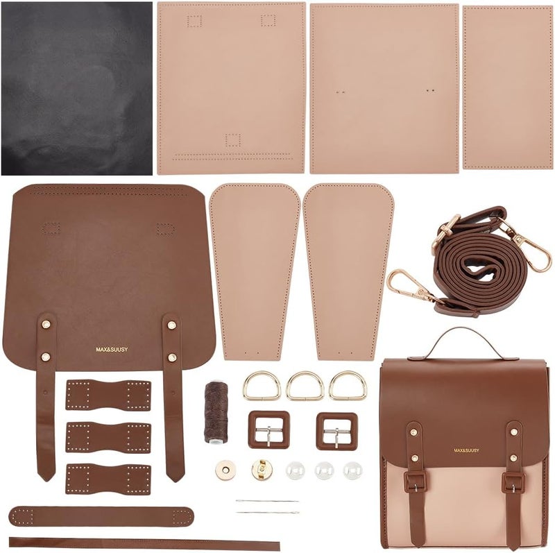 klarako DIY Leather Backpack Satchel Making Kit, PU Leather College School Bookbag Craft Sewing Kit Women Vintage Handmade klarakoger Bag Material Craft Tool Set Personalized Gift, 10.6x12.2 Inch, Brown - Image 1