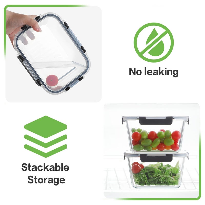 HOMBERKING 4 Pieces 63oz/8cup Large Glass Food Storage Containers with Lids, Meal Prep Containers, Airtight Bento Boxes with Leak Proof Locking (2 Containers + 2 Lids) - Microwave, Oven Safe - Image 4