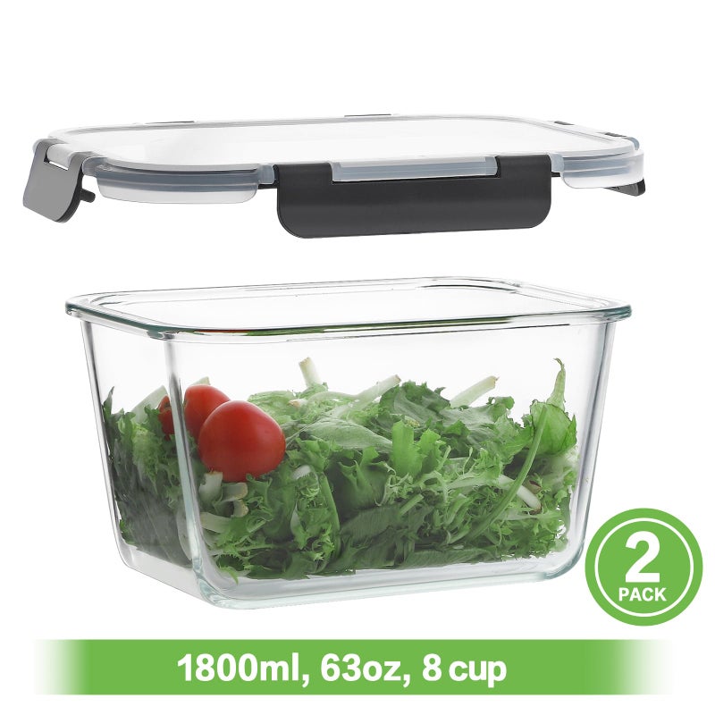 HOMBERKING 4 Pieces 63oz/8cup Large Glass Food Storage Containers with Lids, Meal Prep Containers, Airtight Bento Boxes with Leak Proof Locking (2 Containers + 2 Lids) - Microwave, Oven Safe - Image 2