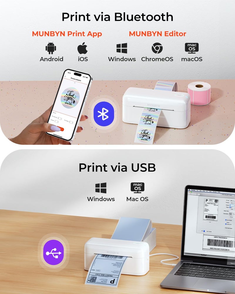 MUNBYN Bluetooth Thermal Label Printer RealWriter RW402B, 4x6 Shipping Label Printer for Small Business, Compatible with Android, iPhone and Windows, Mac, Chromebook, Ebay, USPS, FedEx, Shopify - Image 2