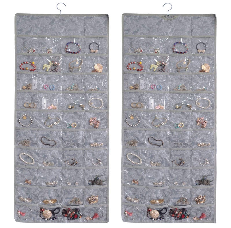 BB Brotrade Hanging Jewelry Organizer,Double Sided Jewelry Storage Organizer with Embossed Pattern,80 Clear PVC Pockets Organizer for Holding Jewelries (Grey)
