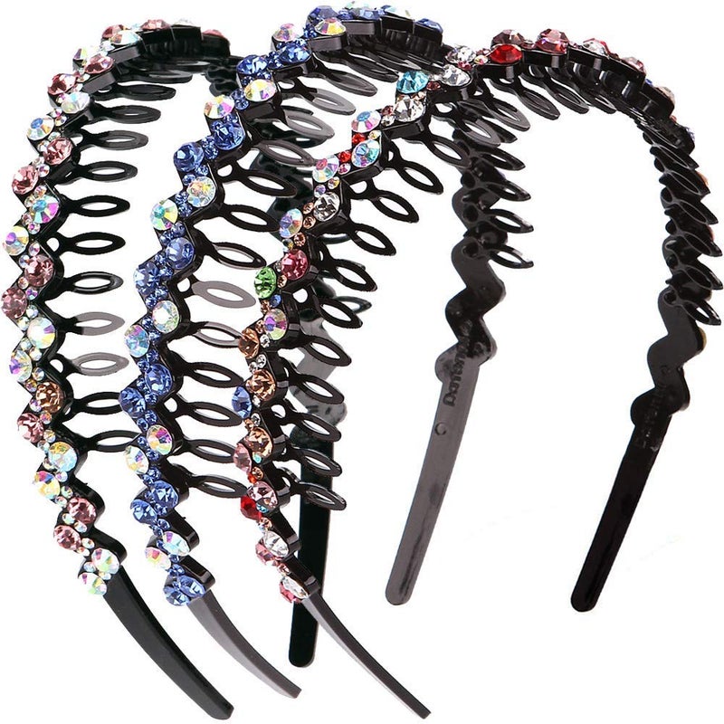 LONEEDY Wave Rhinestone and Crystal Teeth Comb Headbands For Women Nonslip Hard Headbands ColorBluePink