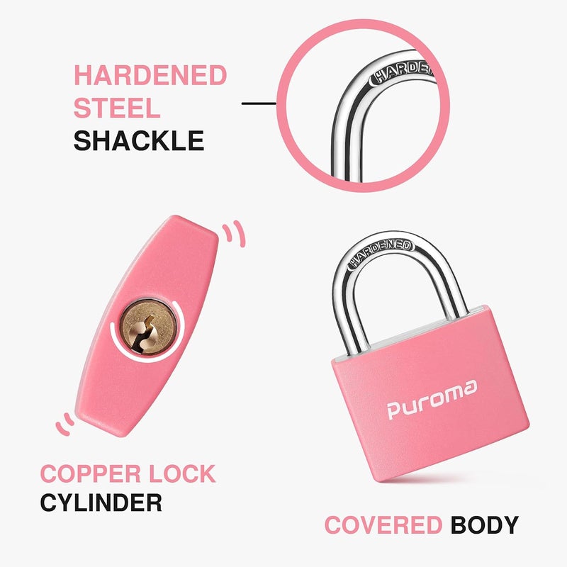 Puroma 2 Pack Keyed Padlocks with 3 Alike Keys - Pink Aluminum Locks for Lockers, Gates, and Sheds - Image 3