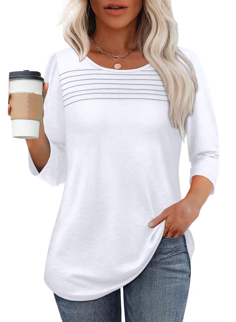 OFEEFAN Early Fall Fashion Must Haves Womens Tops for Teachers 3/4 Length Sleeve Blouses Dressy Casual Plus Size Shirts Spring Summer Outfits Beach Vacation Clothes White XL - Image 2