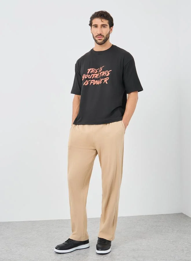 ستايلي Styli Slogan Print Round Neck Oversized T-Shirt