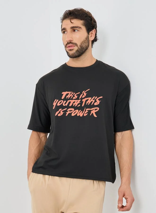 ستايلي Styli Slogan Print Round Neck Oversized T-Shirt