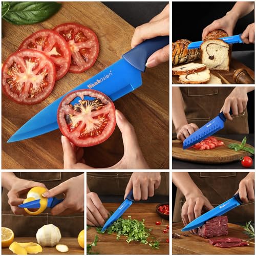 Wanbasion Blue Professional Kitchen Knife Chef Set, Stainless Steel, Dishwasher Safe with Sheathes - Image 3