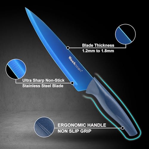 Wanbasion Blue Professional Kitchen Knife Chef Set, Stainless Steel, Dishwasher Safe with Sheathes - Image 4