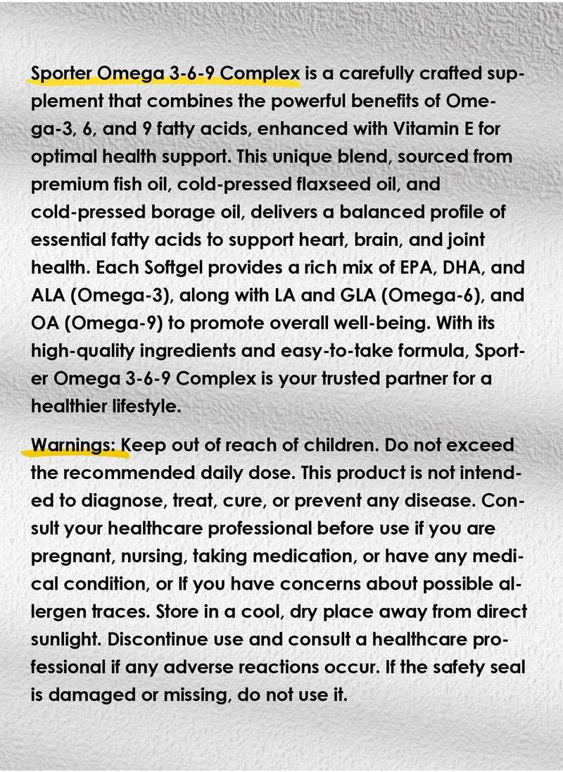 SPORTER - Sporter Omega 3-6-9 Complex – 60 Softgel Capsules | Fish, Flaxseed & Borage Oil Blend | Brain, Heart & Joint Support | With Vitamin E | Non-GMO, Halal - Image 1