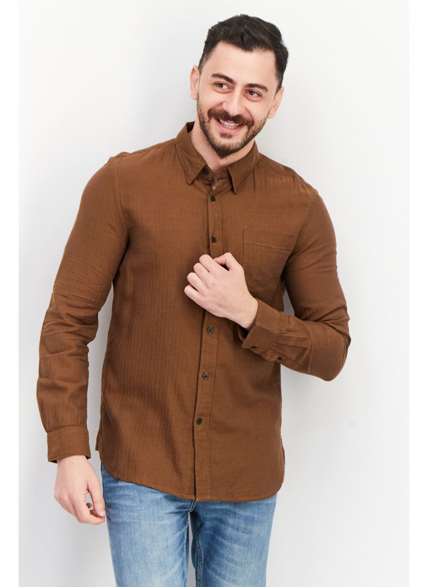 French Connection Men Regular Fit Solid Long Sleeve Casual Shirt, Sienna Brown  - Image 1