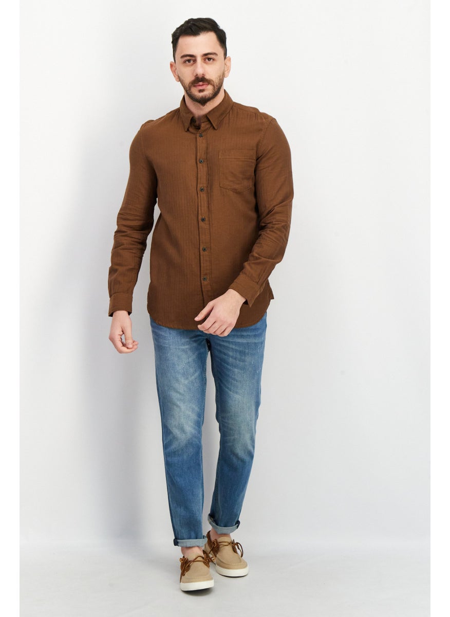 French Connection Men Regular Fit Solid Long Sleeve Casual Shirt, Sienna Brown  - Image 2