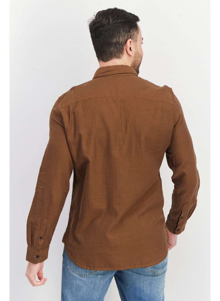 French Connection Men Regular Fit Solid Long Sleeve Casual Shirt, Sienna Brown  - Image 4