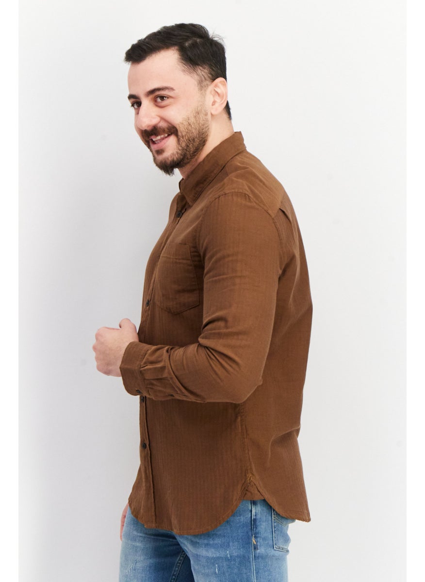 French Connection Men Regular Fit Solid Long Sleeve Casual Shirt, Sienna Brown  - Image 3