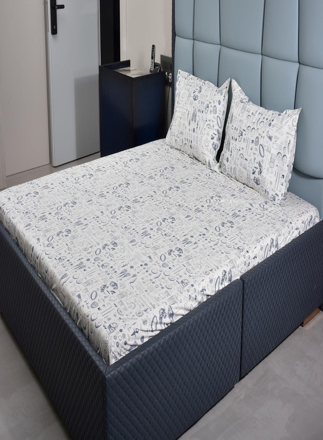 Premsons® Cotton Bed Sheet King Size Sheet with 2 Pillowcases – Premium Soft & Breathable Bedding for Full Size Beds – Luxury Bedroom Essentials - White & Blue - Image 1