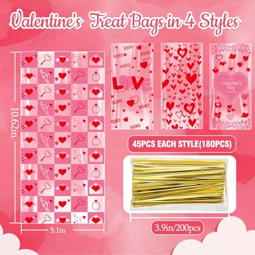 ONFAON Valentines Bags, 180pcs Valentines Goodie Bags with 200pcs Twists for Snacks Cookies Candy Packing, Cellophane Treat Bags for Classroom Parties, Coworkers, Kids - Image 3