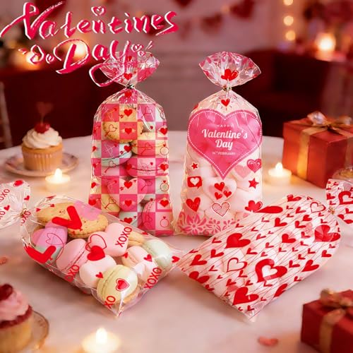 ONFAON Valentines Bags, 180pcs Valentines Goodie Bags with 200pcs Twists for Snacks Cookies Candy Packing, Cellophane Treat Bags for Classroom Parties, Coworkers, Kids - Image 2