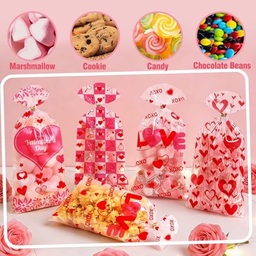 ONFAON Valentines Bags, 180pcs Valentines Goodie Bags with 200pcs Twists for Snacks Cookies Candy Packing, Cellophane Treat Bags for Classroom Parties, Coworkers, Kids - Image 4