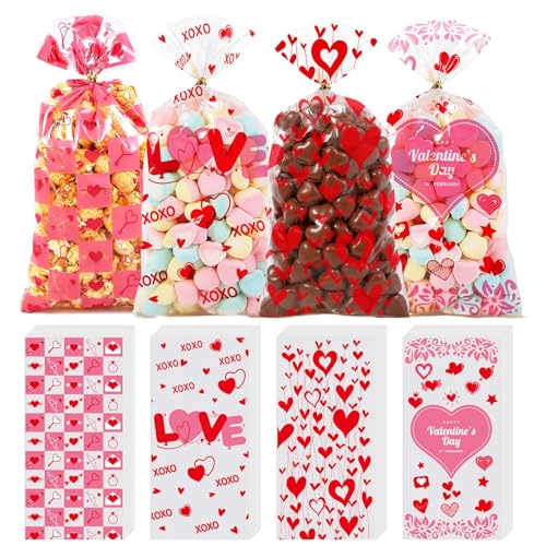 ONFAON Valentines Bags, 180pcs Valentines Goodie Bags with 200pcs Twists for Snacks Cookies Candy Packing, Cellophane Treat Bags for Classroom Parties, Coworkers, Kids - Image 1
