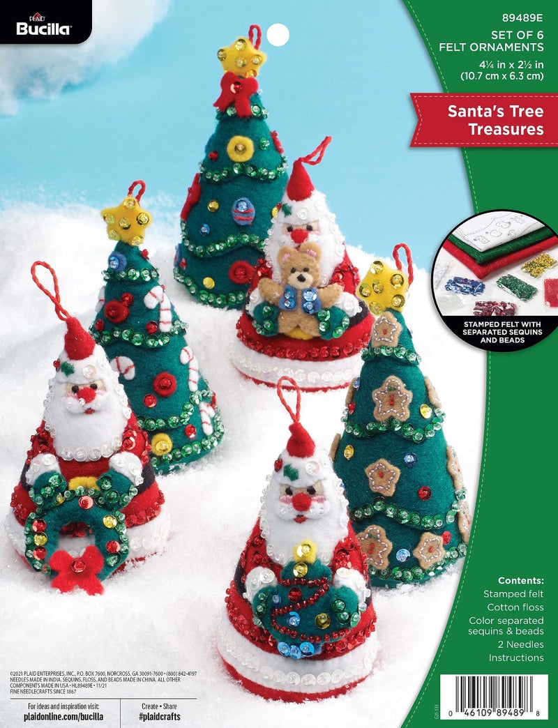 Bucilla Felt Applique 6 Piece Ornament Making Kit, Santa's Tree Treasures, Perfect for DIY Arts and Crafts, 89489E - Image 1