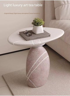 fashionhome 1-Piece Modern Scandinavian Style Stone Carved Art Design Resin Side Table Round Top Tray End Table for Bedroom Living Room 49x33.5x50 cm (Fully Assembled)  - Image 1