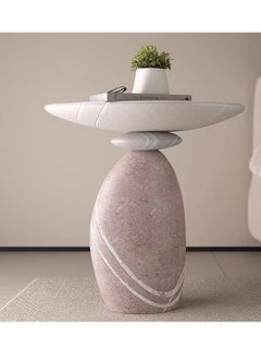 fashionhome 1-Piece Modern Scandinavian Style Stone Carved Art Design Resin Side Table Round Top Tray End Table for Bedroom Living Room 49x33.5x50 cm (Fully Assembled)  - Image 4