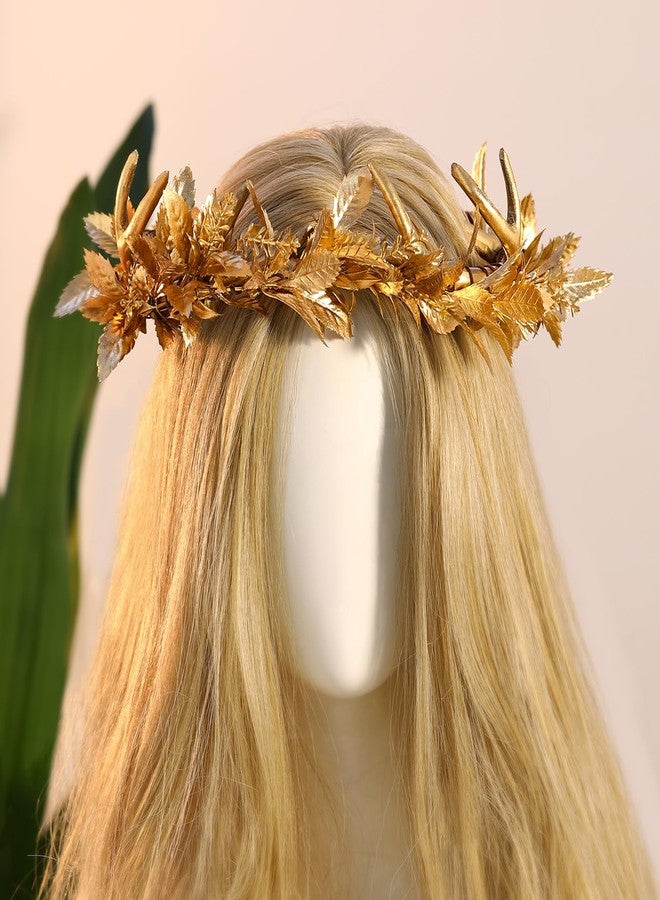 MOSTORY Gold Antler Flower Crown - Floral Fairy Headband Elf Antler Headpiece Woodland Horns Circlet Forest Elven Crown for Renaissance Ren Faire Halloween Cosplay Accessory Photo Shoot - Image 2