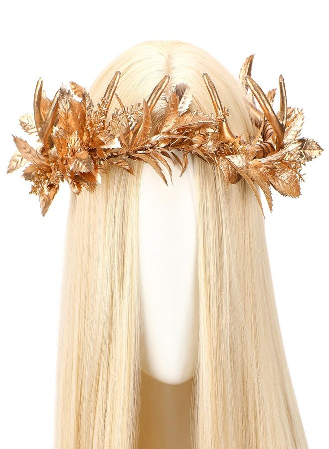 MOSTORY Gold Antler Flower Crown - Floral Fairy Headband Elf Antler Headpiece Woodland Horns Circlet Forest Elven Crown for Renaissance Ren Faire Halloween Cosplay Accessory Photo Shoot - Image 1