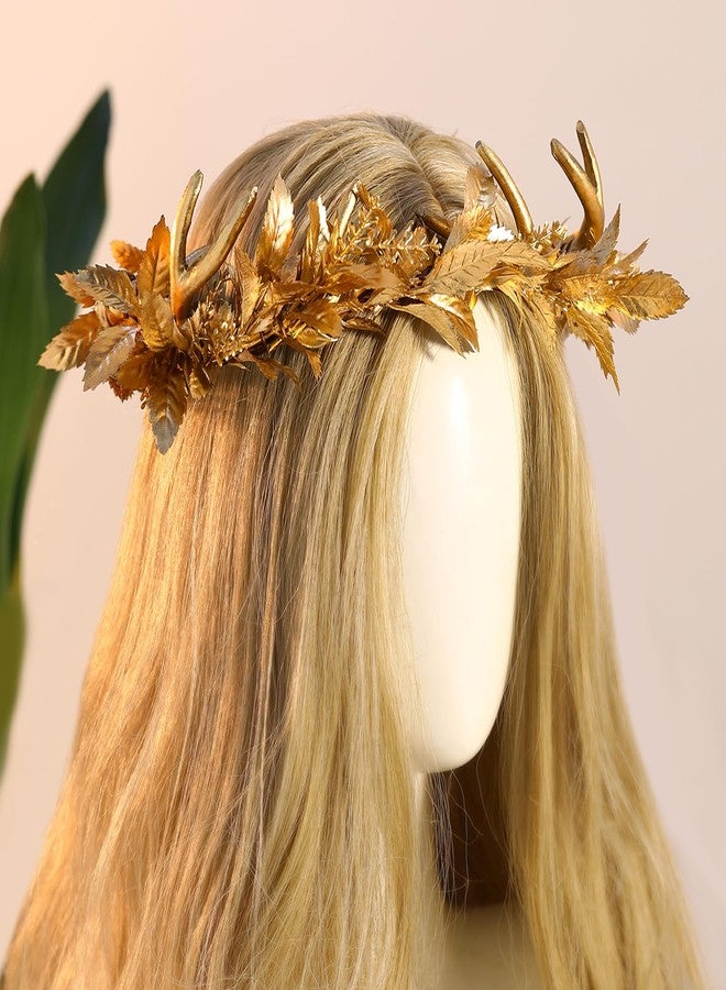 MOSTORY Gold Antler Flower Crown - Floral Fairy Headband Elf Antler Headpiece Woodland Horns Circlet Forest Elven Crown for Renaissance Ren Faire Halloween Cosplay Accessory Photo Shoot - Image 3
