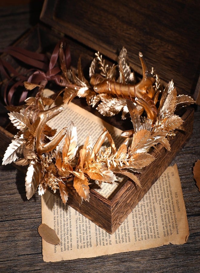 MOSTORY Gold Antler Flower Crown - Floral Fairy Headband Elf Antler Headpiece Woodland Horns Circlet Forest Elven Crown for Renaissance Ren Faire Halloween Cosplay Accessory Photo Shoot - Image 4