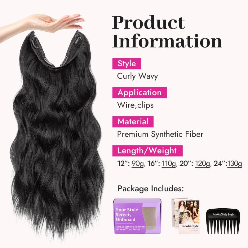 KooKaStyle Invisible Wire Hair Extensions with Transparent Headband Adjustable Size 4 Secure Clips Black Long Wavy Synthetic Hairpiece 20 Inch for Women - Image 2