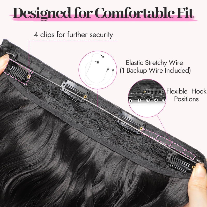 KooKaStyle Invisible Wire Hair Extensions with Transparent Headband Adjustable Size 4 Secure Clips Black Long Wavy Synthetic Hairpiece 20 Inch for Women - Image 3