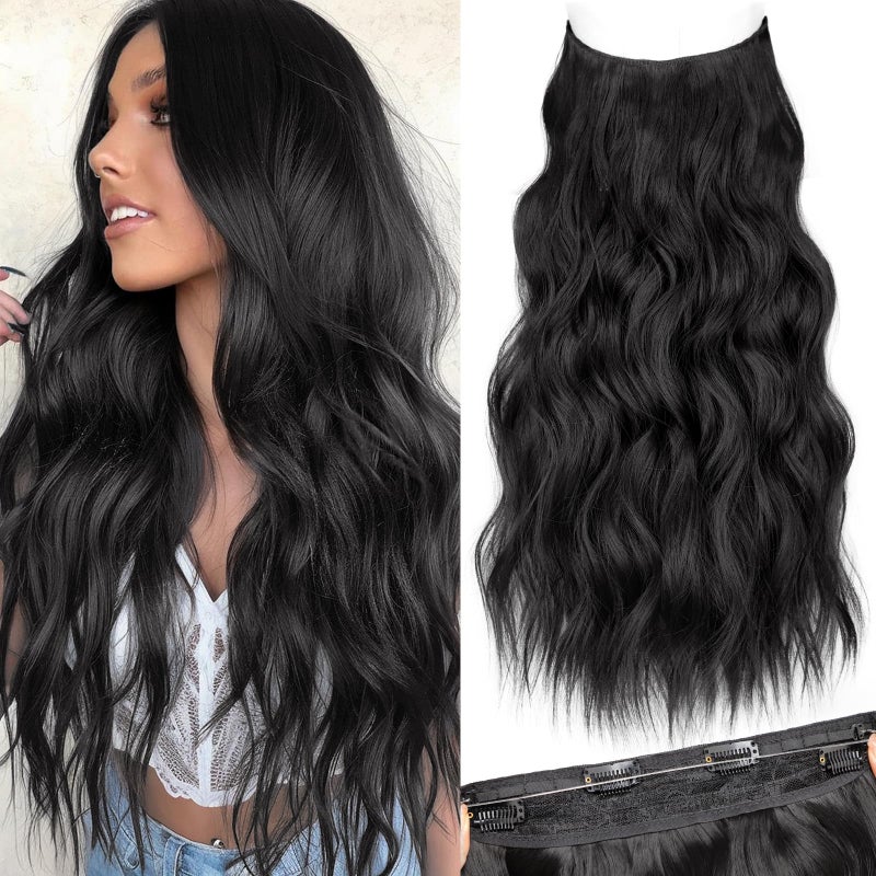 KooKaStyle Invisible Wire Hair Extensions with Transparent Headband Adjustable Size 4 Secure Clips Black Long Wavy Synthetic Hairpiece 20 Inch for Women - Image 1