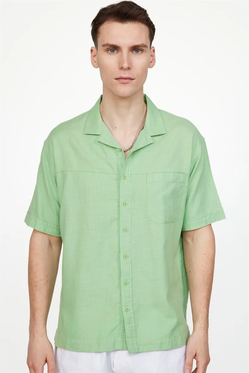 تودورس Relax Fit Side Slit Open Collar Linen Effect Green Shirt