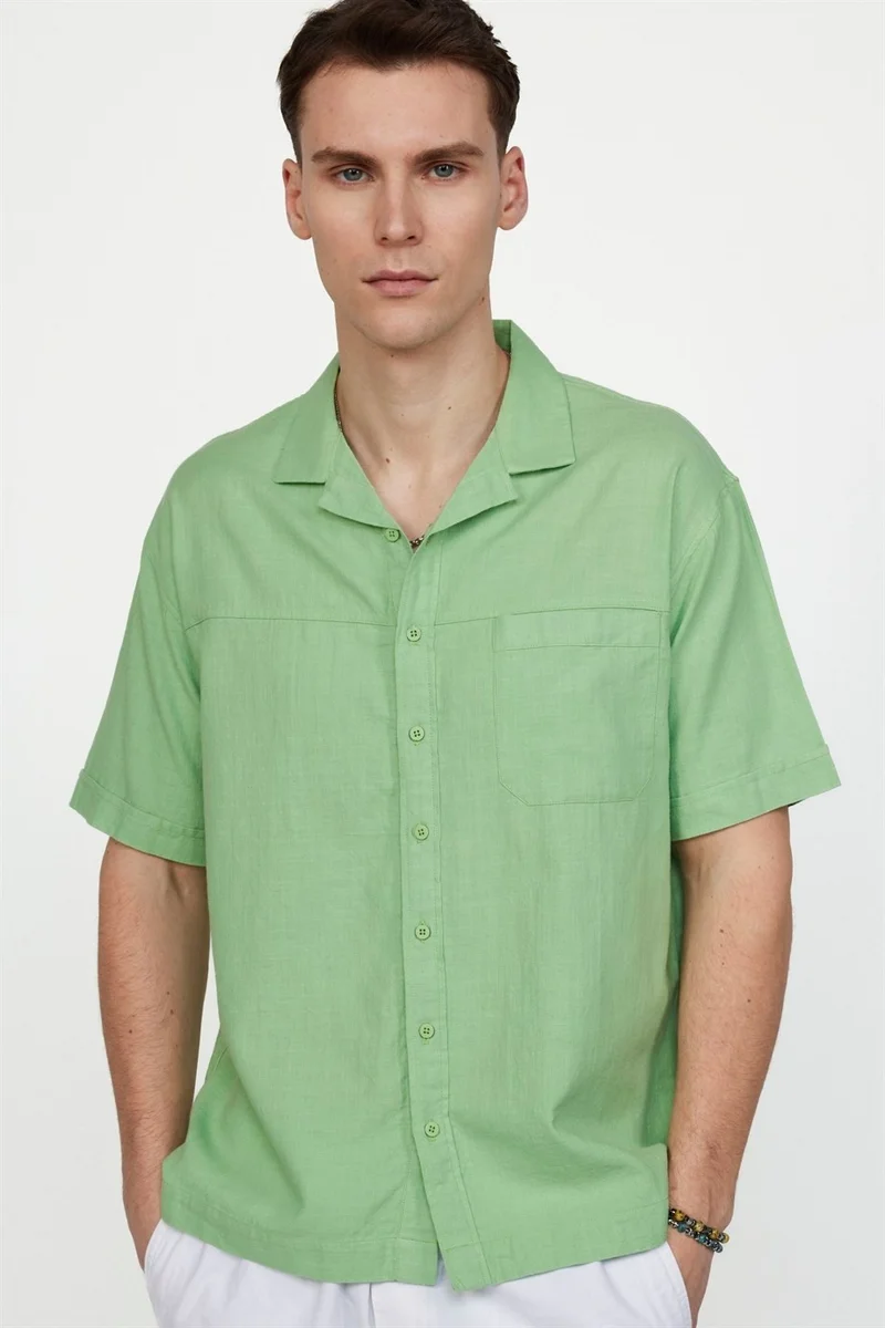 تودورس Relax Fit Side Slit Open Collar Linen Effect Green Shirt
