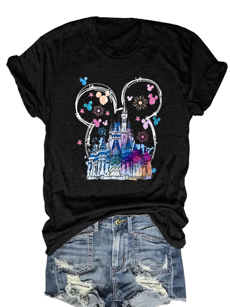 OUMASK Women Magical Kingdom T-Shirts Vintage Castles Short Sleeve Shirts Family Vacation Graphic Tees Tops B-Black - Image 1