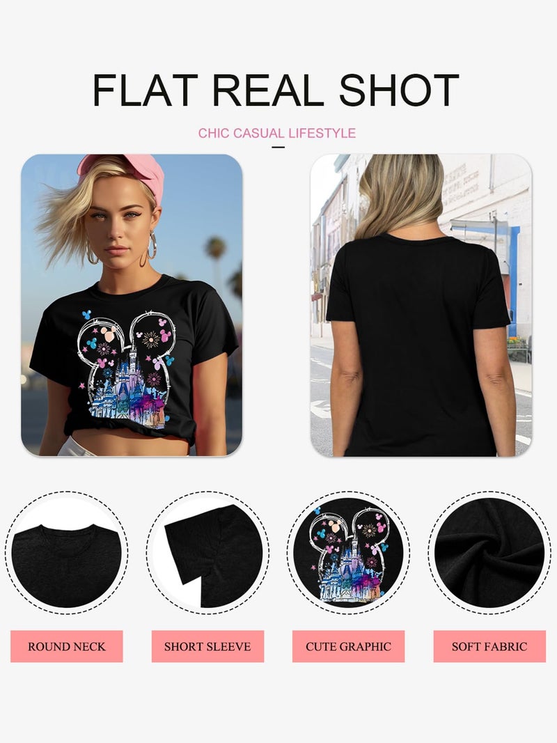 OUMASK Women Magical Kingdom T-Shirts Vintage Castles Short Sleeve Shirts Family Vacation Graphic Tees Tops B-Black - Image 5