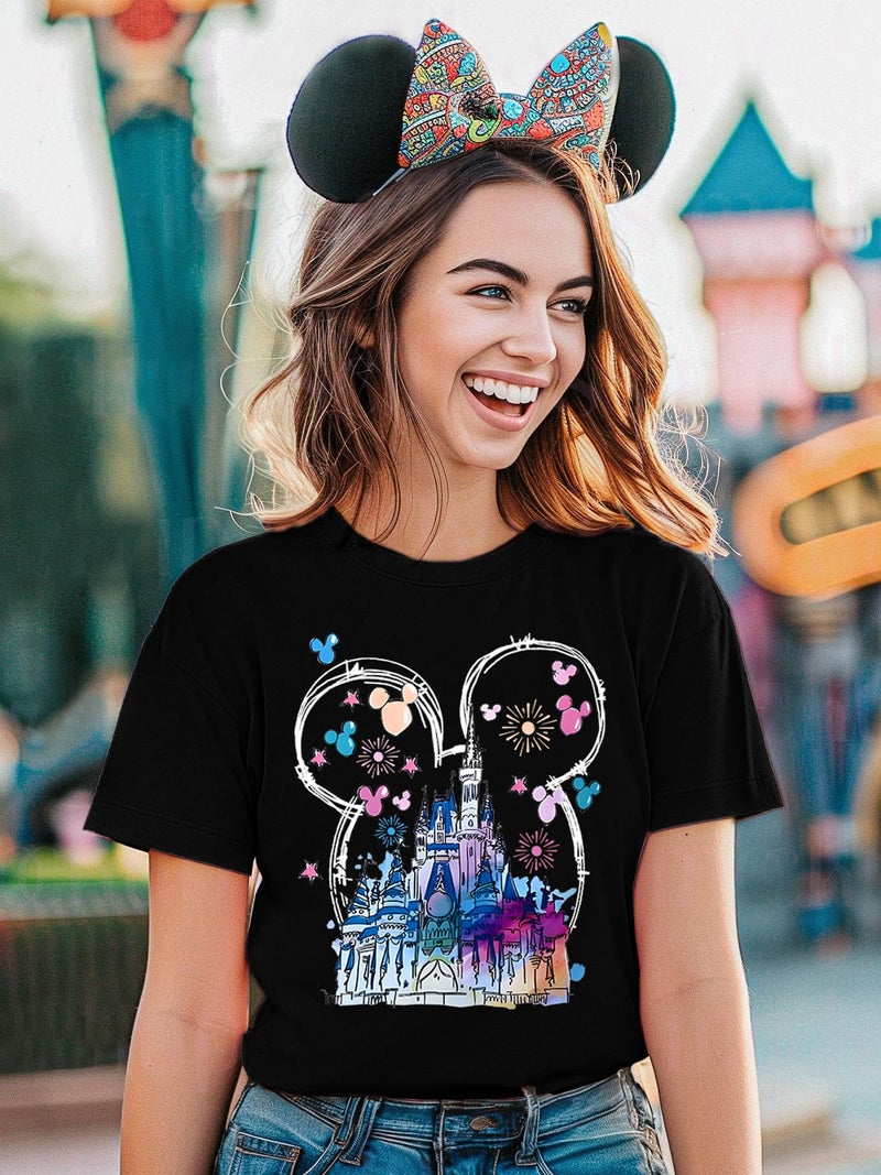 OUMASK Women Magical Kingdom T-Shirts Vintage Castles Short Sleeve Shirts Family Vacation Graphic Tees Tops B-Black - Image 2