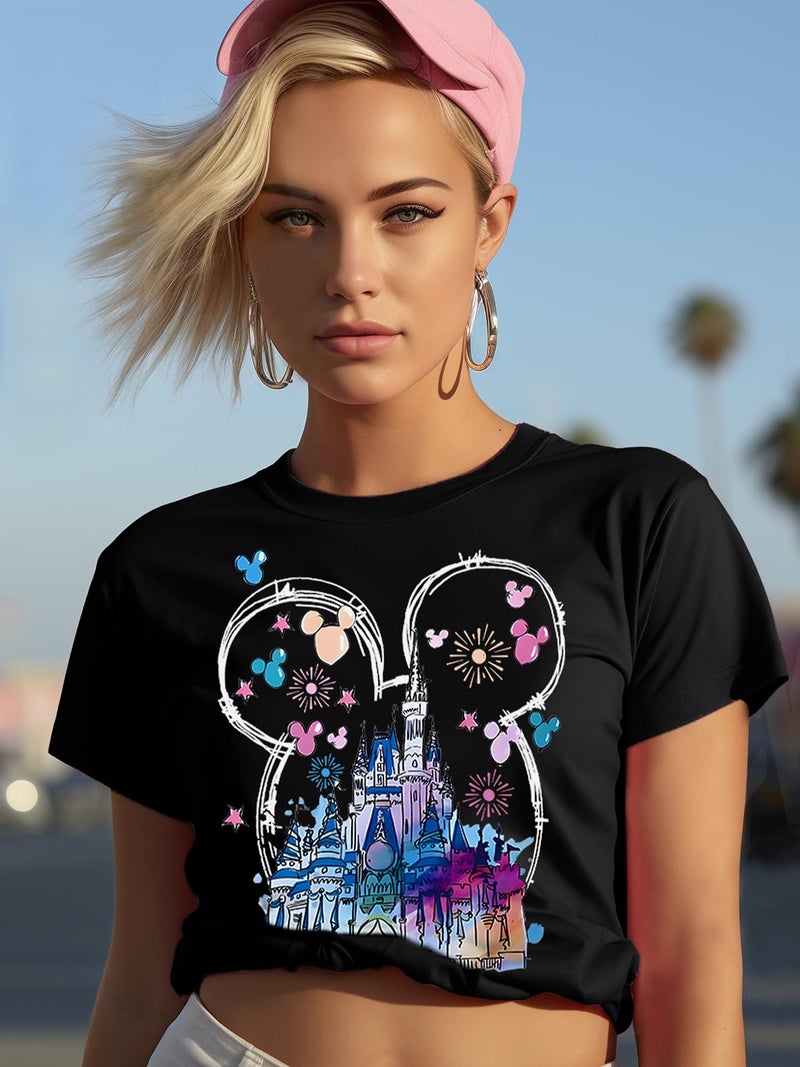 OUMASK Women Magical Kingdom T-Shirts Vintage Castles Short Sleeve Shirts Family Vacation Graphic Tees Tops B-Black - Image 3