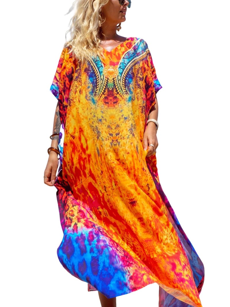 IMAGEKOPE Women's Plus Size Moroccan Print V-Neck Batwing Kaftan Loose Fit Beach Dress Bathing Suit Cover Up - Image 1