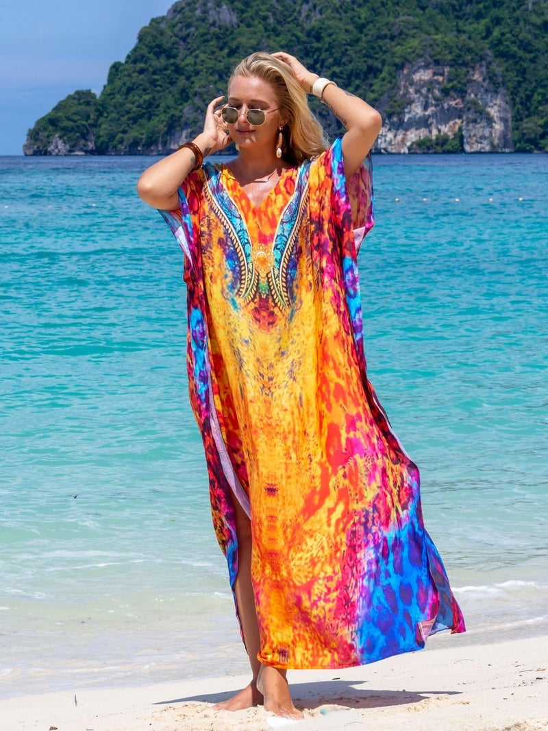 IMAGEKOPE Women's Plus Size Moroccan Print V-Neck Batwing Kaftan Loose Fit Beach Dress Bathing Suit Cover Up - Image 4