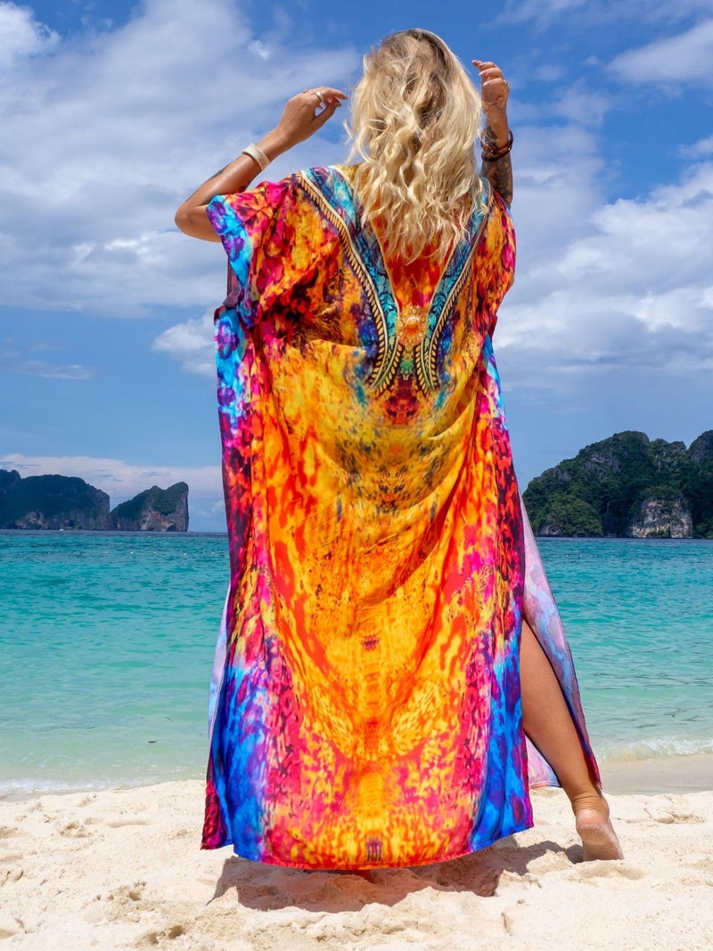IMAGEKOPE Women's Plus Size Moroccan Print V-Neck Batwing Kaftan Loose Fit Beach Dress Bathing Suit Cover Up - Image 5