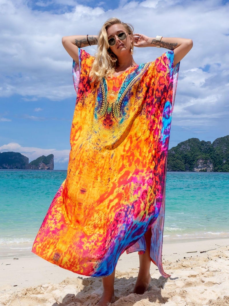 IMAGEKOPE Women's Plus Size Moroccan Print V-Neck Batwing Kaftan Loose Fit Beach Dress Bathing Suit Cover Up - Image 2