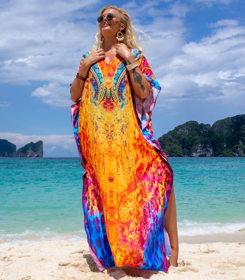 IMAGEKOPE Women's Plus Size Moroccan Print V-Neck Batwing Kaftan Loose Fit Beach Dress Bathing Suit Cover Up - Image 3
