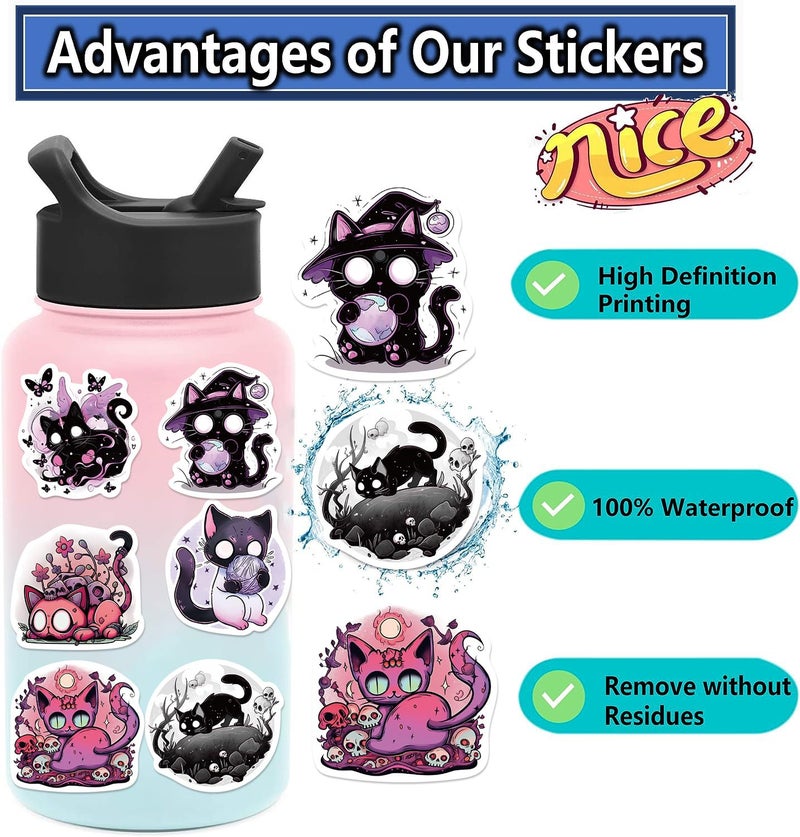 Pigbit 50Pcs Horror Goth Witchy Black Cat Stickers - Waterproof Vinyl Gothic Spooky Cat Stickers for Scrapbooks,Laptops,Water Bottle,Halloween,Journals - Image 3