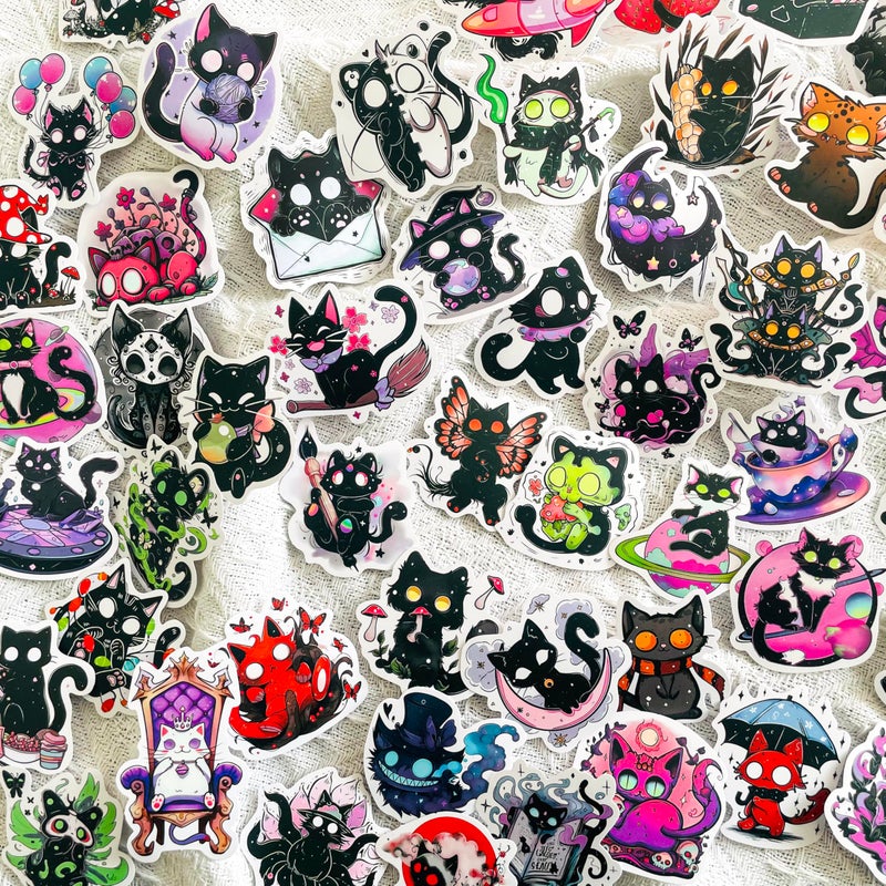 Pigbit 50Pcs Horror Goth Witchy Black Cat Stickers - Waterproof Vinyl Gothic Spooky Cat Stickers for Scrapbooks,Laptops,Water Bottle,Halloween,Journals - Image 2