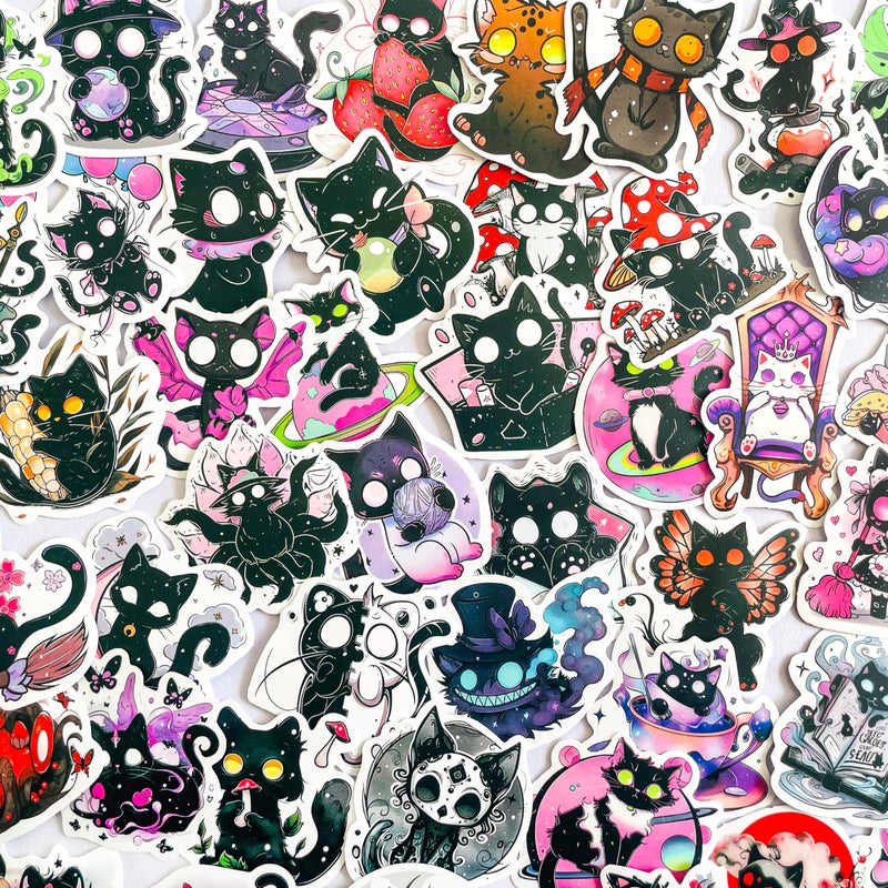 Pigbit 50Pcs Horror Goth Witchy Black Cat Stickers - Waterproof Vinyl Gothic Spooky Cat Stickers for Scrapbooks,Laptops,Water Bottle,Halloween,Journals - Image 1