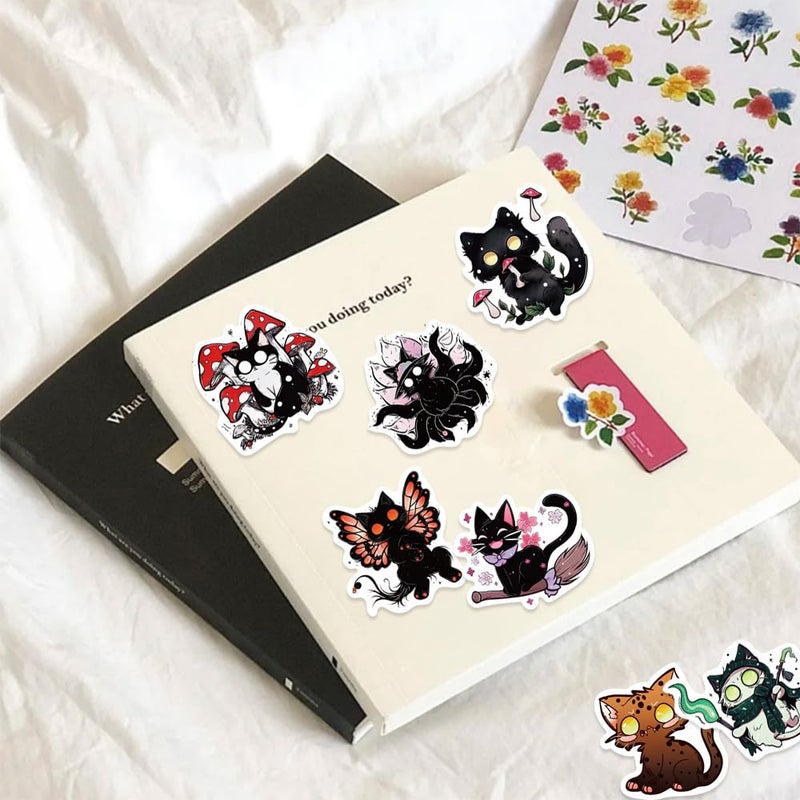 Pigbit 50Pcs Horror Goth Witchy Black Cat Stickers - Waterproof Vinyl Gothic Spooky Cat Stickers for Scrapbooks,Laptops,Water Bottle,Halloween,Journals - Image 4