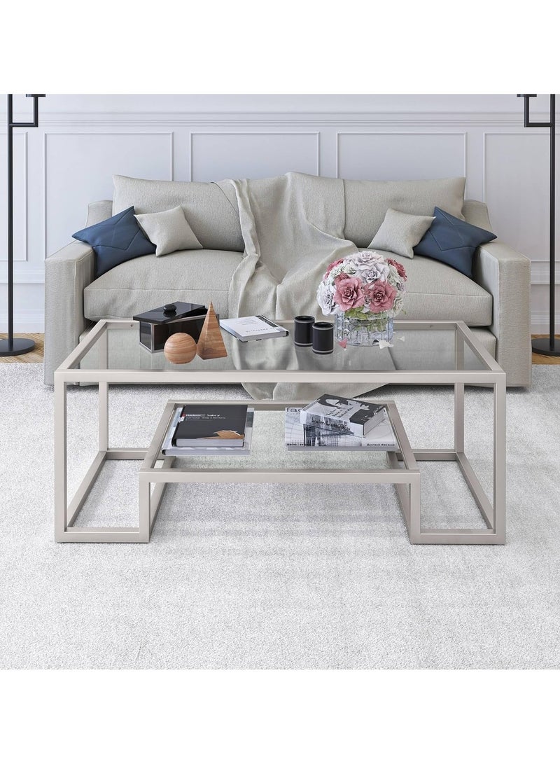 LINGWEI Coffee Table Silver Coffee Table with Clear Glass Shelf Silver - Image 2