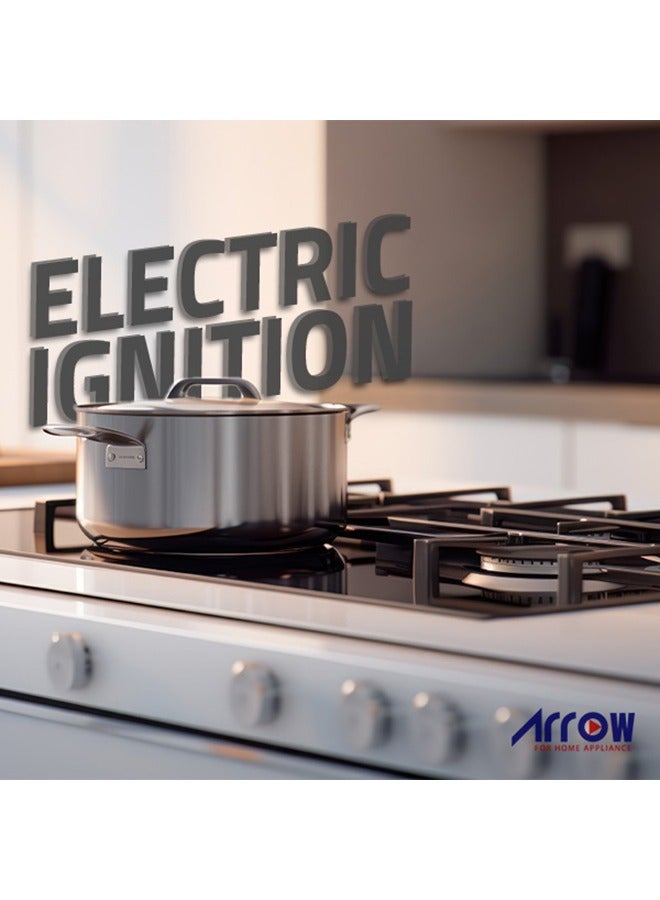 Arrow Gas Hob, 90 cm, Cast Iron Pan Supports | 1 double side burner | Silver color | Electric Ignition | 1 cast iron double ring burner | 1 Rapid burner  | 2 semi-rapid burners | Model Name: RO-HG905SHDK - Image 2